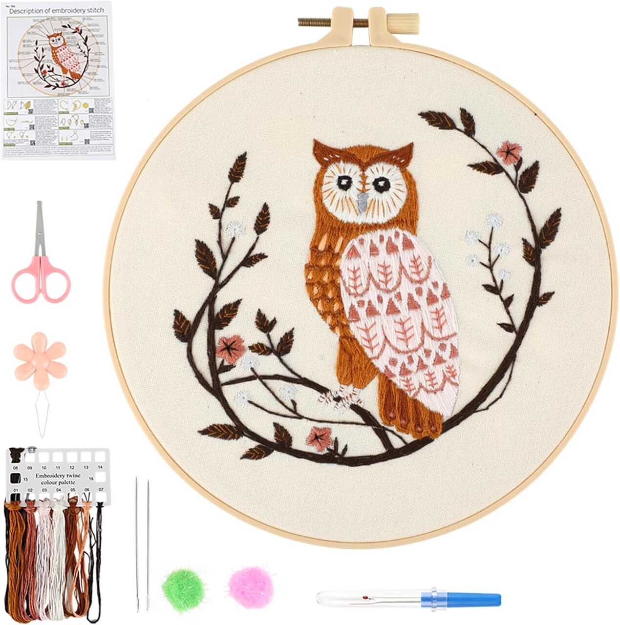 Owl Embroidery Kit for Adults – Beginner Cross Stitch with Hoop, Threads & Video Tutorial